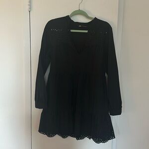 Zara black tiered dress with eyelet on neckline and bottom hem. V neck. Medium.